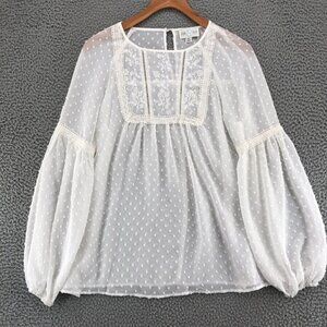 Jun & Ivy Top Womens Extra Small Ivory Floral Lace Swiss Dot Long Balloon Sleeve